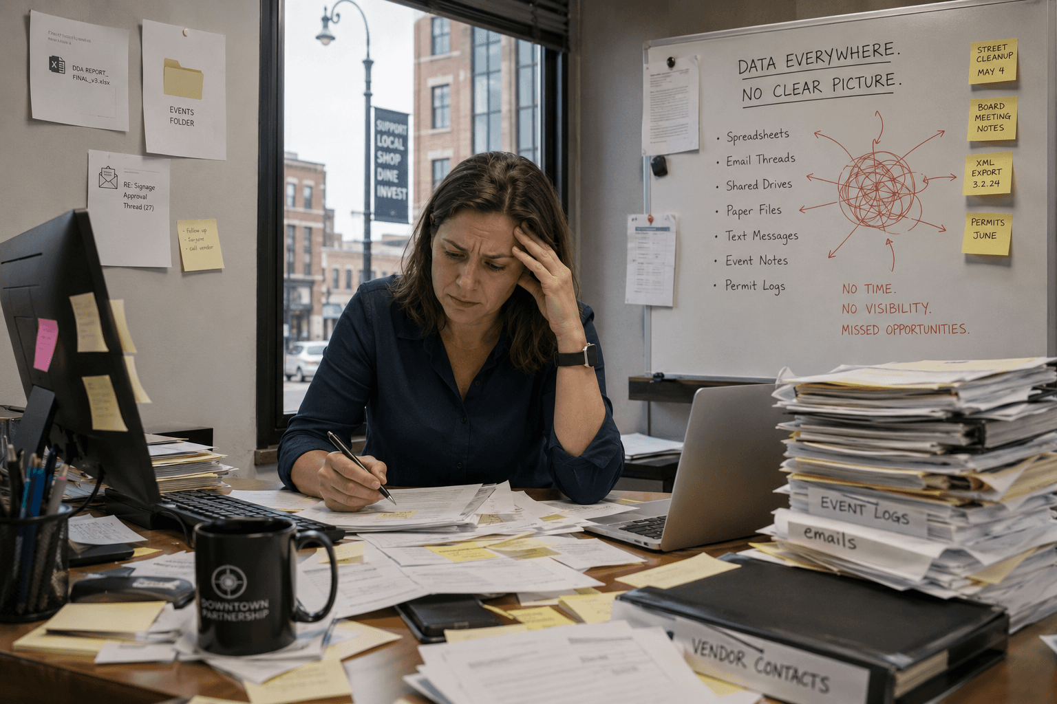 The challenge of scattered data across spreadsheets, email folders, and informal systems in downtown organizations