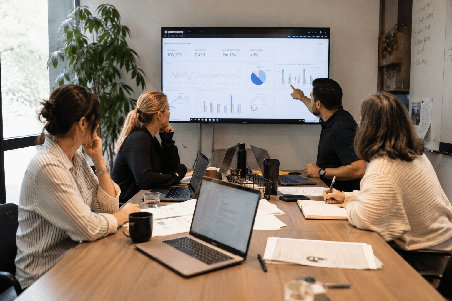 Colleagues discussing belonging survey results in a meeting