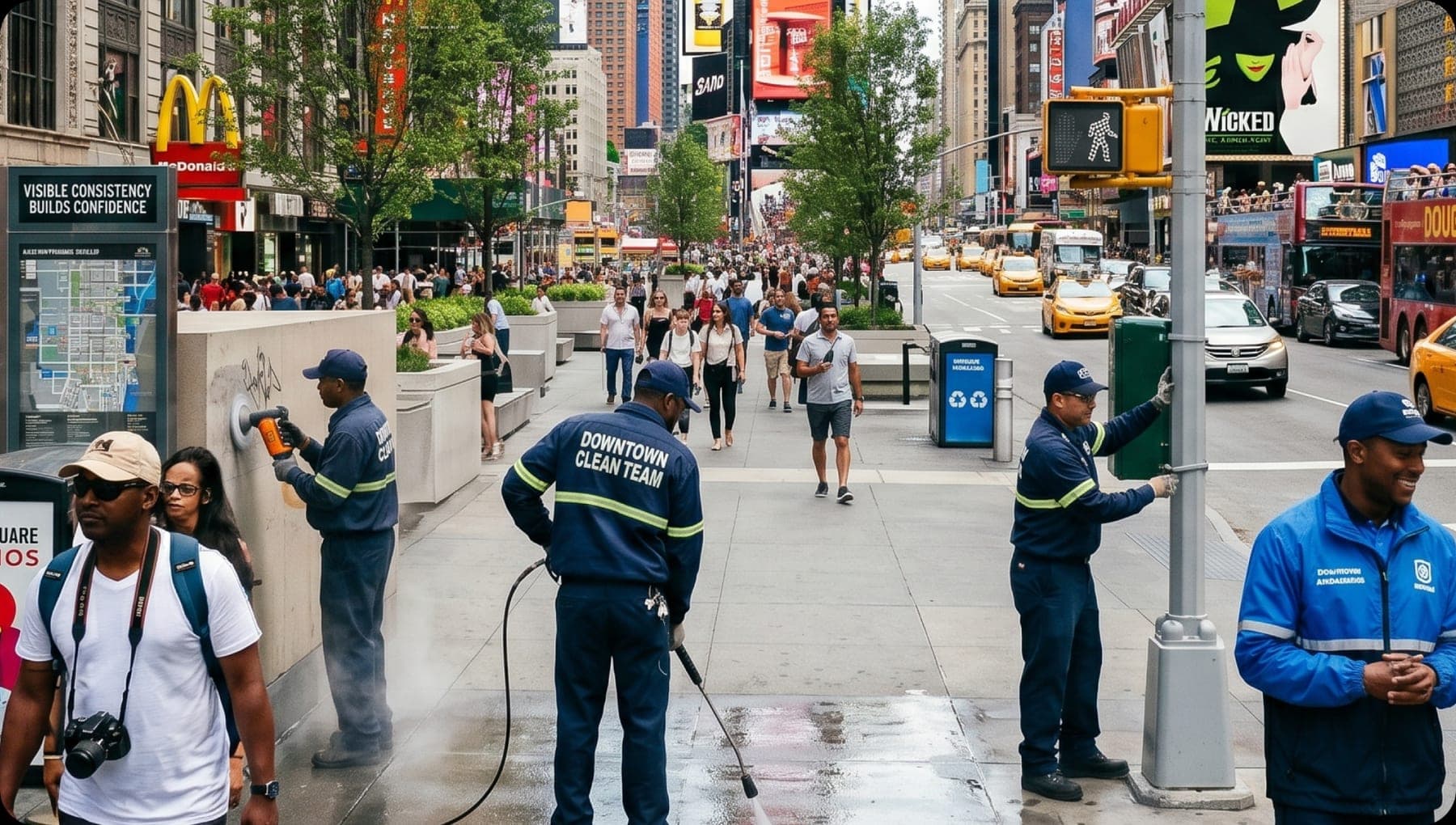 Downtown clean team power washing sidewalks and maintaining the public realm