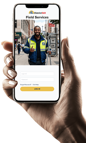 Hand holding District360 WebSuite platform on mobile phone