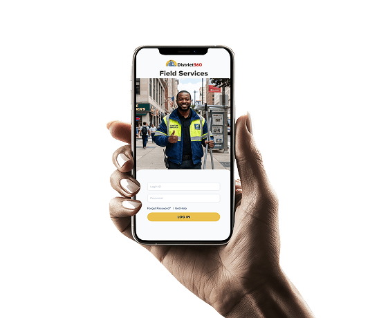 Hand holding District360 WebSuite platform on mobile phone