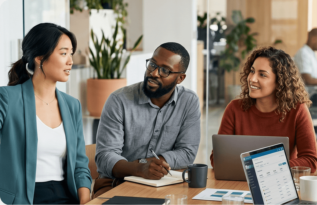 Team members collaborating on AI adoption strategy