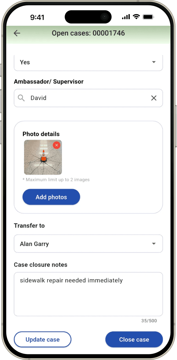 Mobile app showing options to close issue or assign to team members