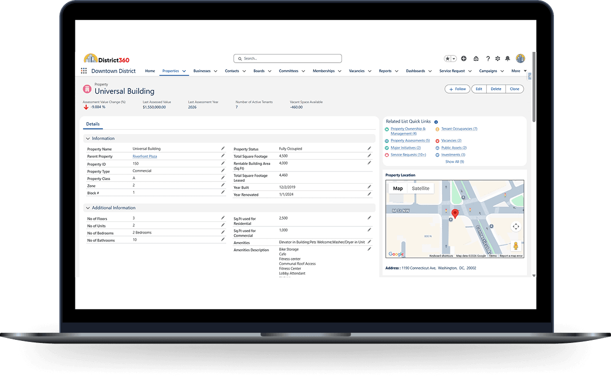 Laptop screen displaying district record integration with CRM data